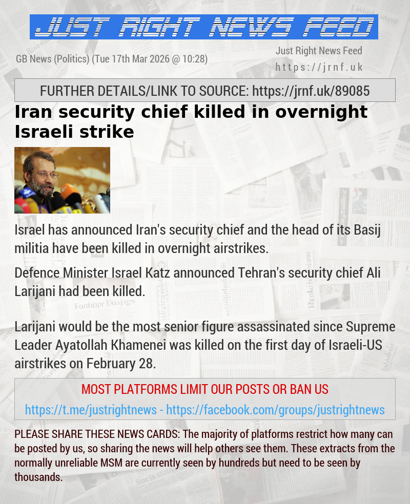 Iran security chief killed in overnight Israeli strike