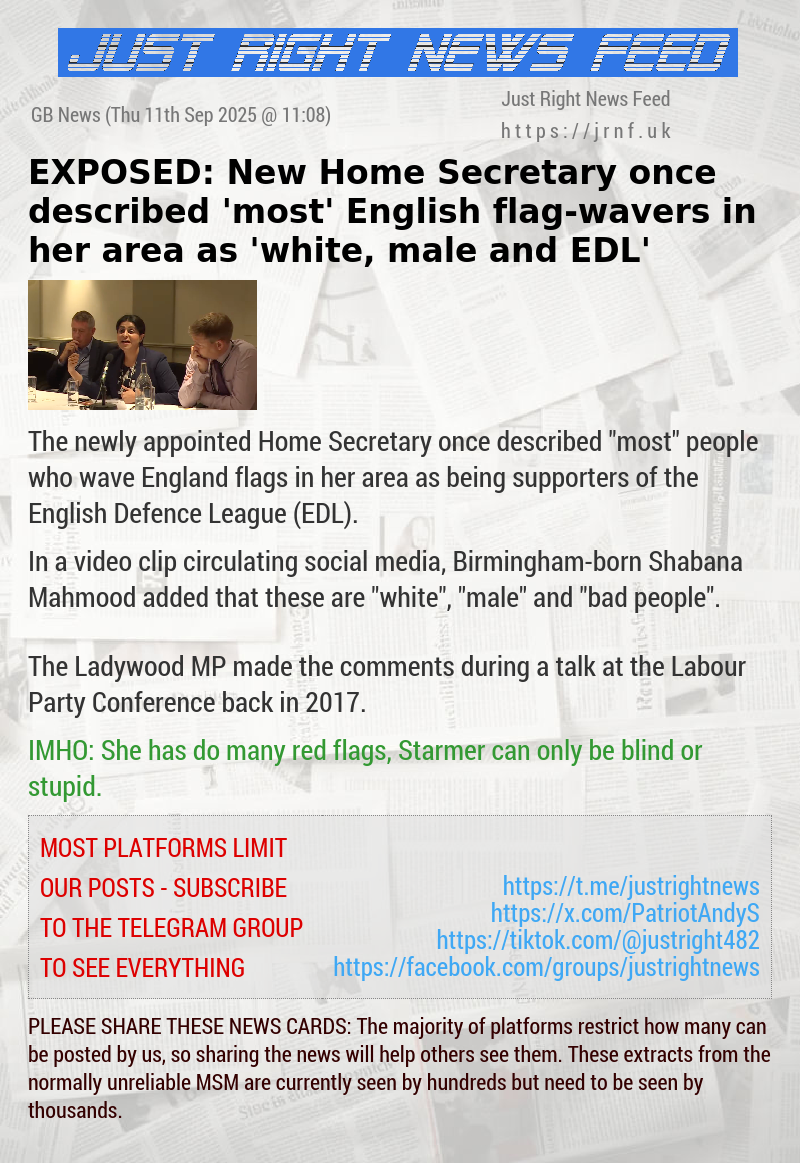 EXPOSED: New Home Secretary once described ’most’ English flag—wavers in her area as ’white, male and EDL’