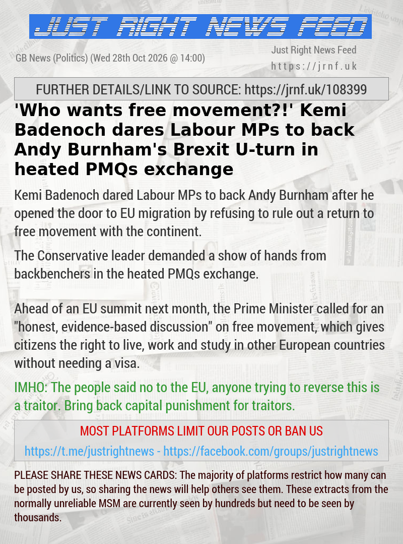 ’Who wants free movement?!’ Kemi Badenoch dares Labour MPs to back Andy Burnham’s Brexit U—turn in heated PMQs exchange