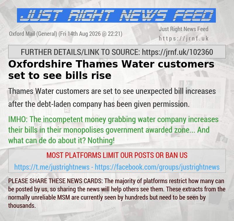 Oxfordshire Thames Water customers set to see bills rise