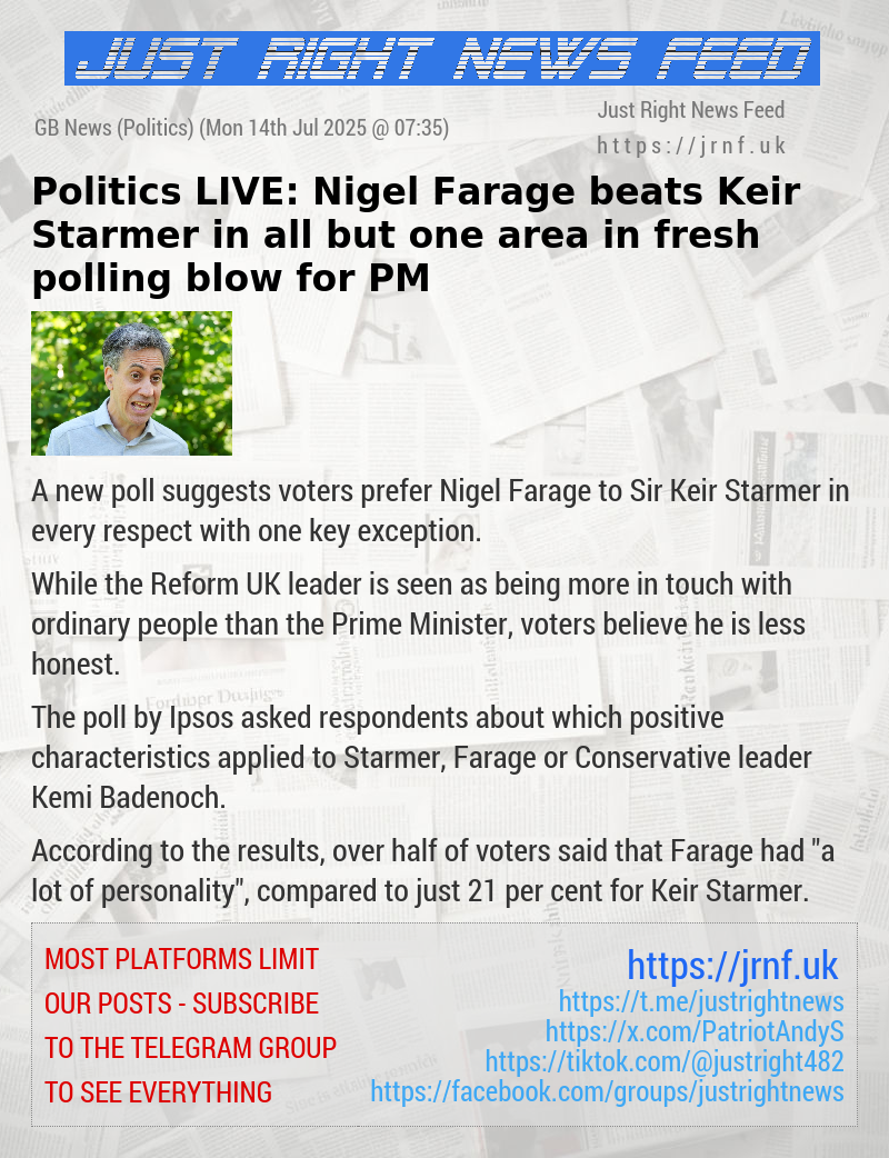 Politics LIVE: Nigel Farage beats Keir Starmer in all but one area in fresh polling blow for PM
