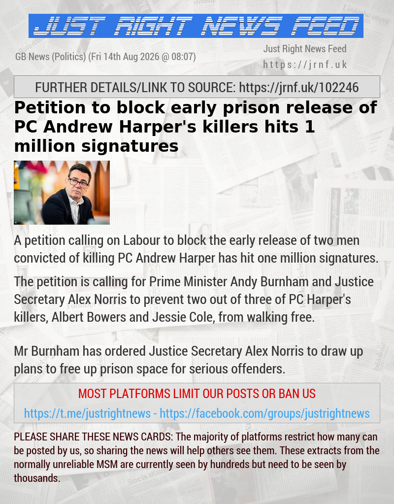Petition to block early prison release of PC Andrew Harper’s killers hits 1 million signatures