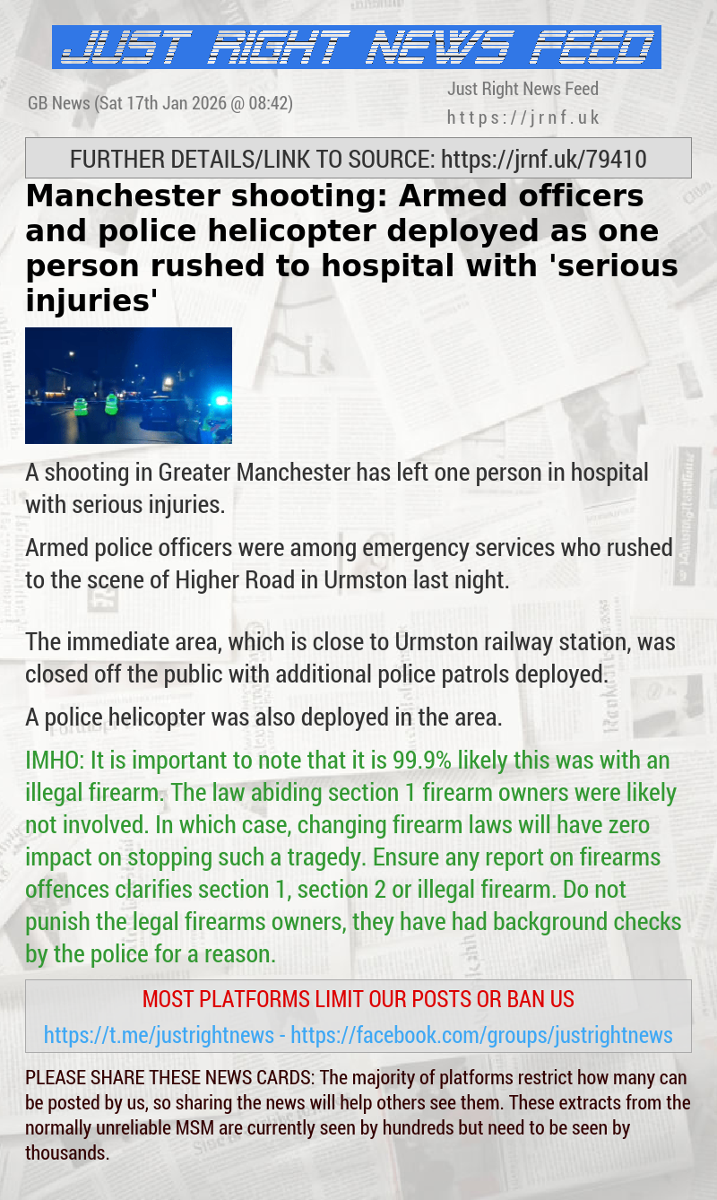 Manchester shooting: Armed officers and police helicopter deployed as one person rushed to hospital with ’serious injuries’