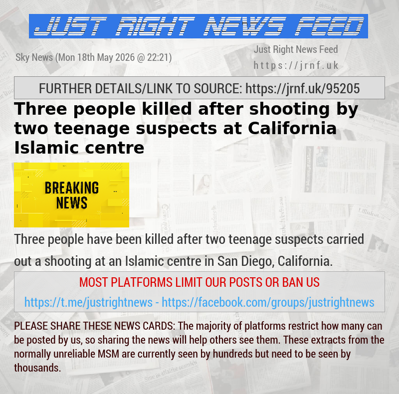 Three people killed after shooting by two teenage suspects at California Islamic centre