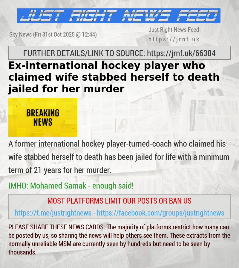 Ex—international hockey player who claimed wife stabbed herself to death jailed for her murder