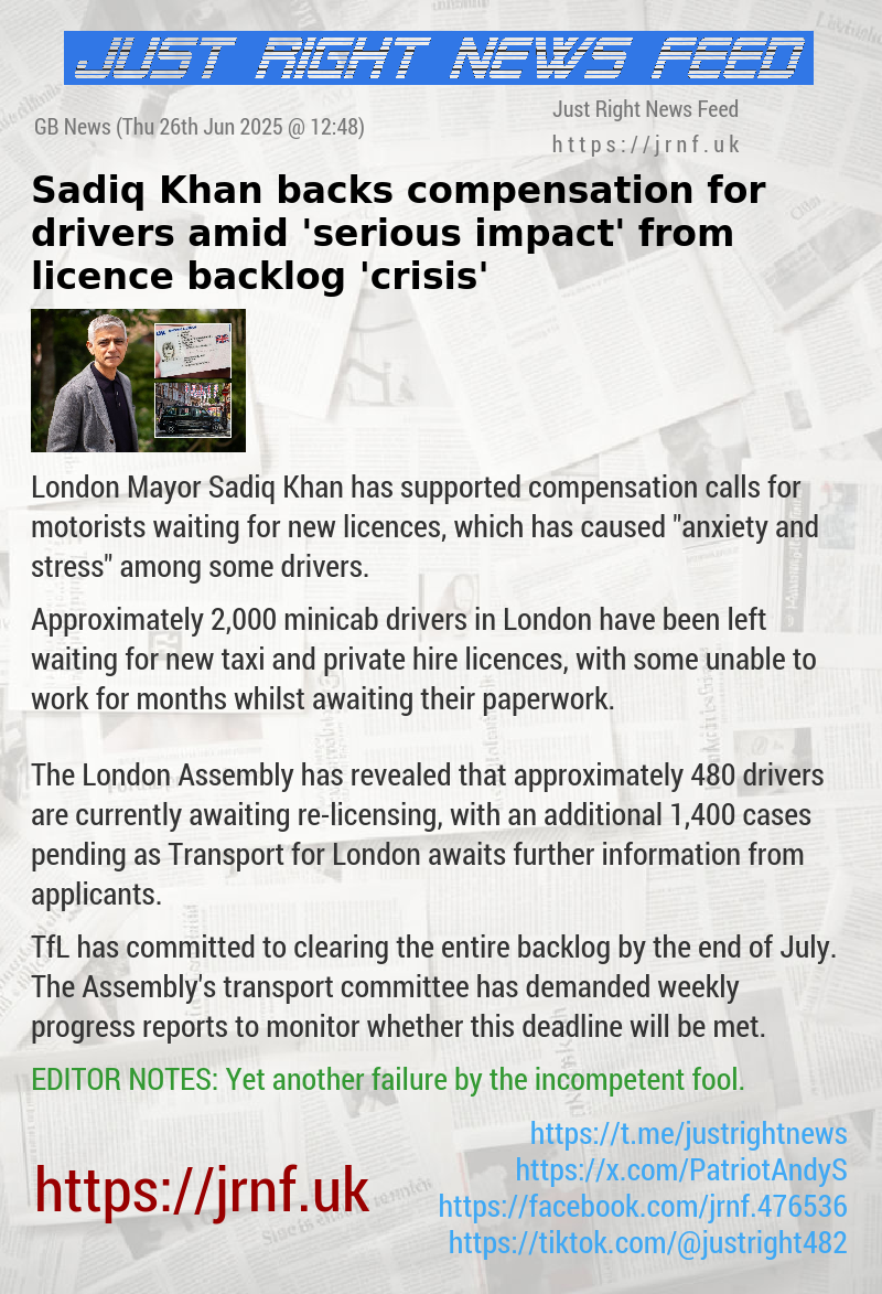 Sadiq Khan backs compensation for drivers amid ’serious impact’ from licence backlog ’crisis’