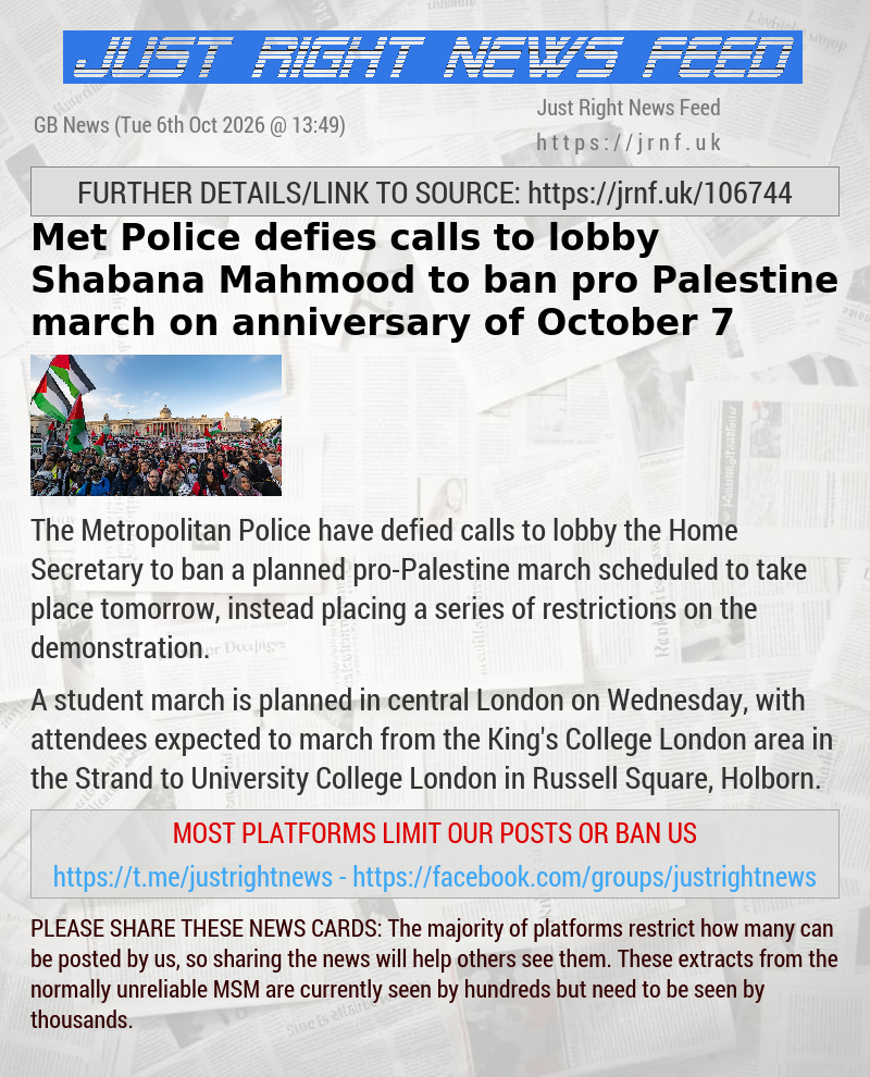 Met Police defies calls to lobby Shabana Mahmood to ban pro—Palestine march on anniversary of October 7