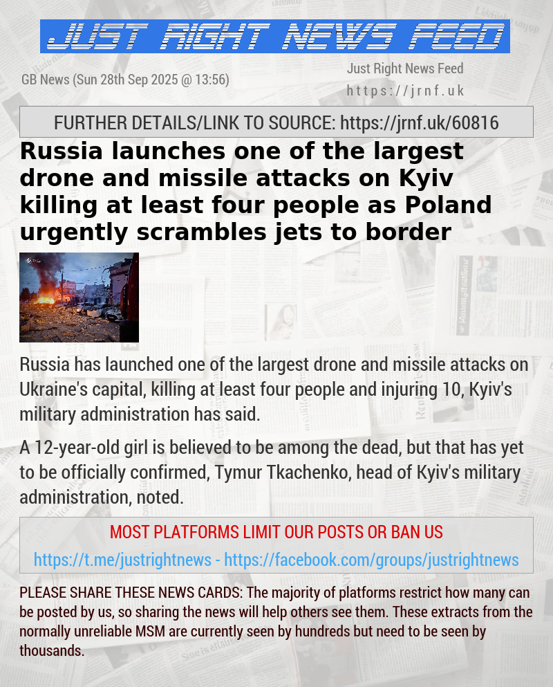 Russia launches one of the largest drone and missile attacks on Kyiv killing at least four people as Poland urgently scrambles jets to border