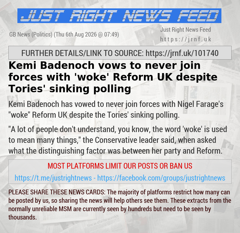 Kemi Badenoch vows to never join forces with ’woke’ Reform UK despite Tories’ sinking polling