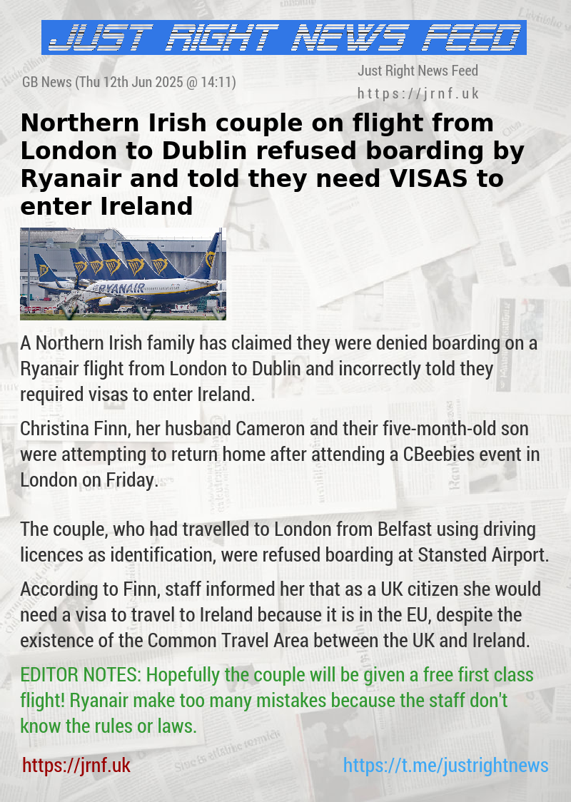 Northern Irish couple on flight from London to Dublin refused boarding by Ryanair and told they need VISAS to enter Ireland