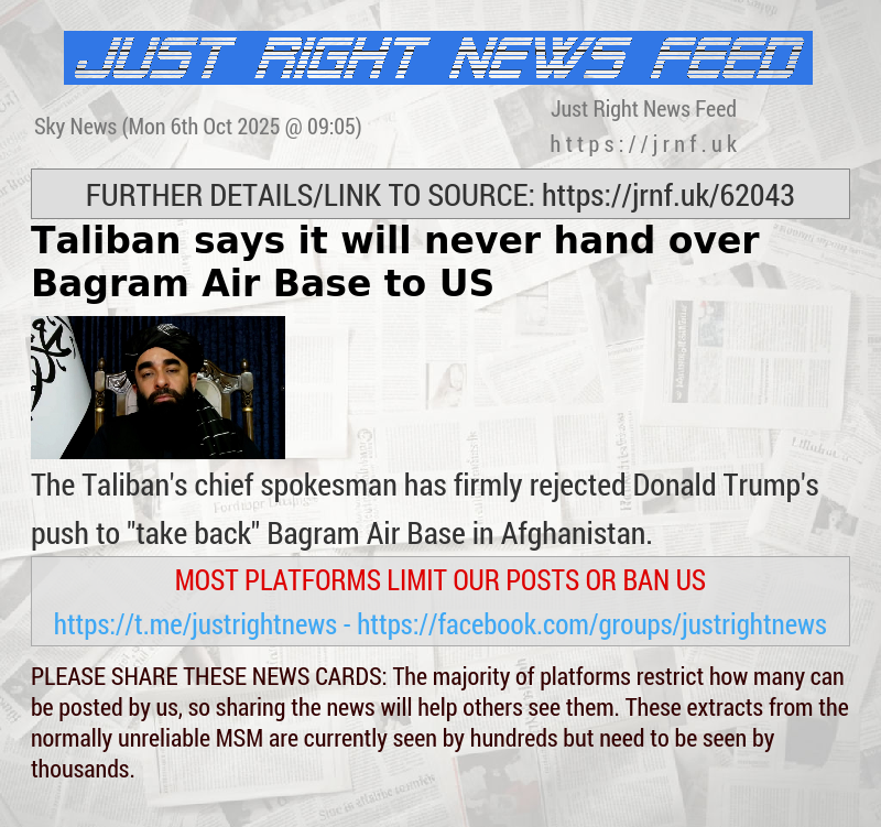 Taliban says it will never hand over Bagram Air Base to US