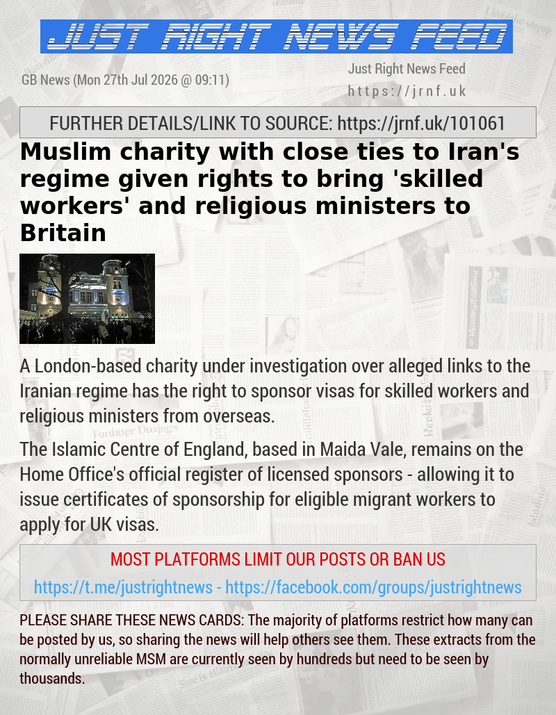 Muslim charity with close ties to Iran’s regime given rights to bring ’skilled workers’ and religious ministers to Britain