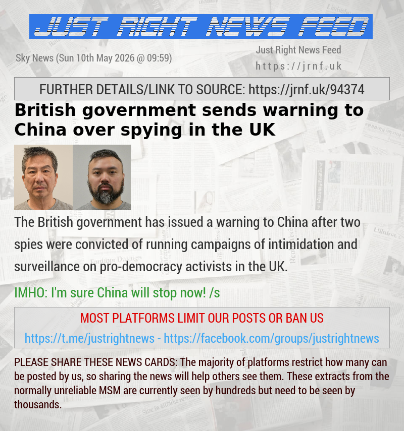 British government sends warning to China over spying in the UK