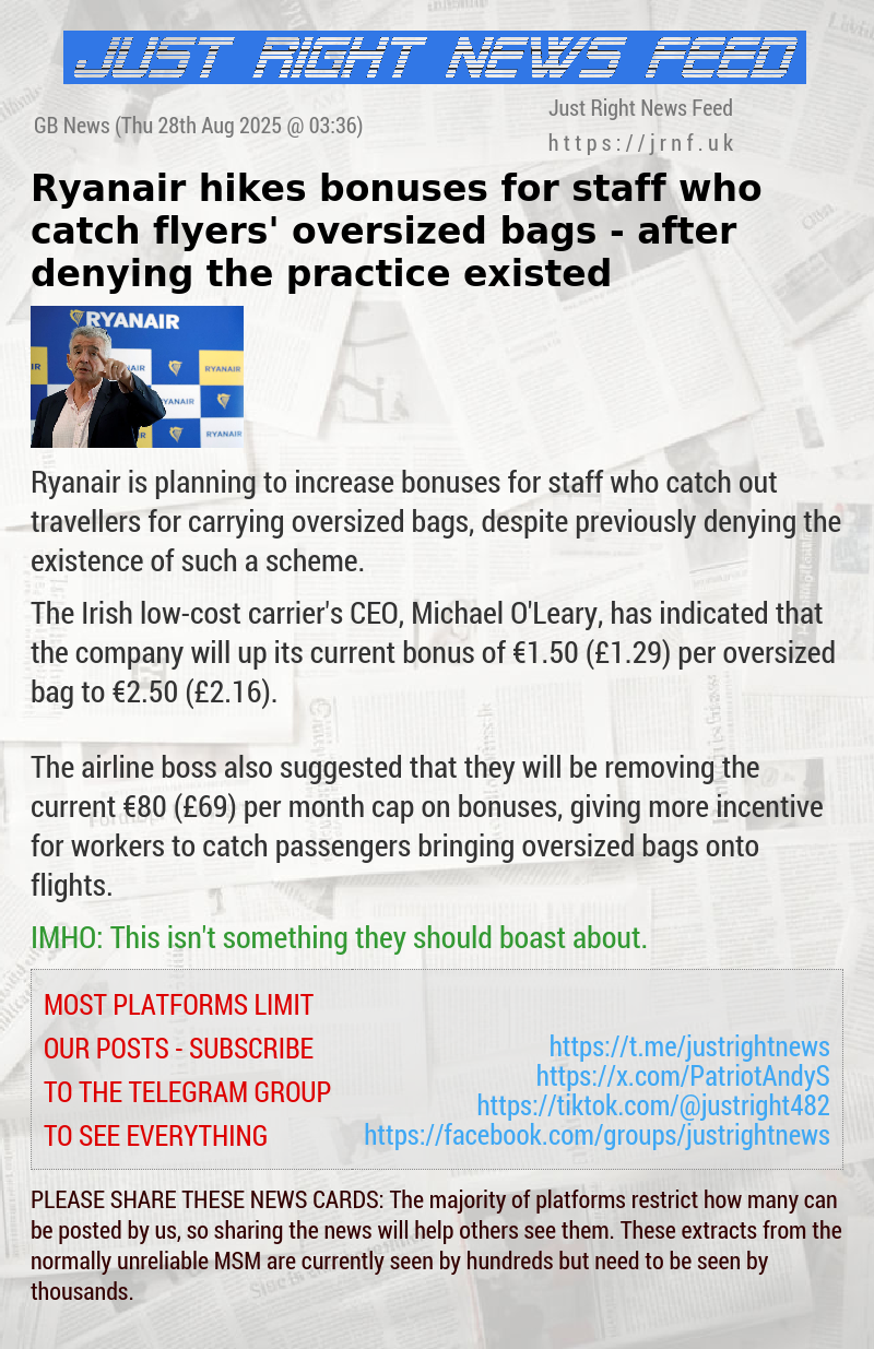 Ryanair hikes bonuses for staff who catch flyers’ oversized bags — after denying the practice existed