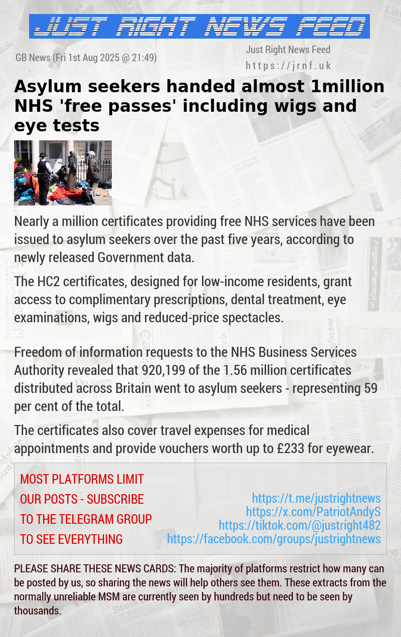 Asylum seekers handed almost 1million NHS ’free passes’ including wigs and eye tests