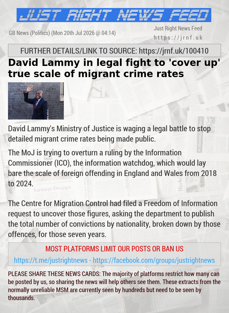 David Lammy in legal fight to ’cover up’ true scale of migrant crime rates