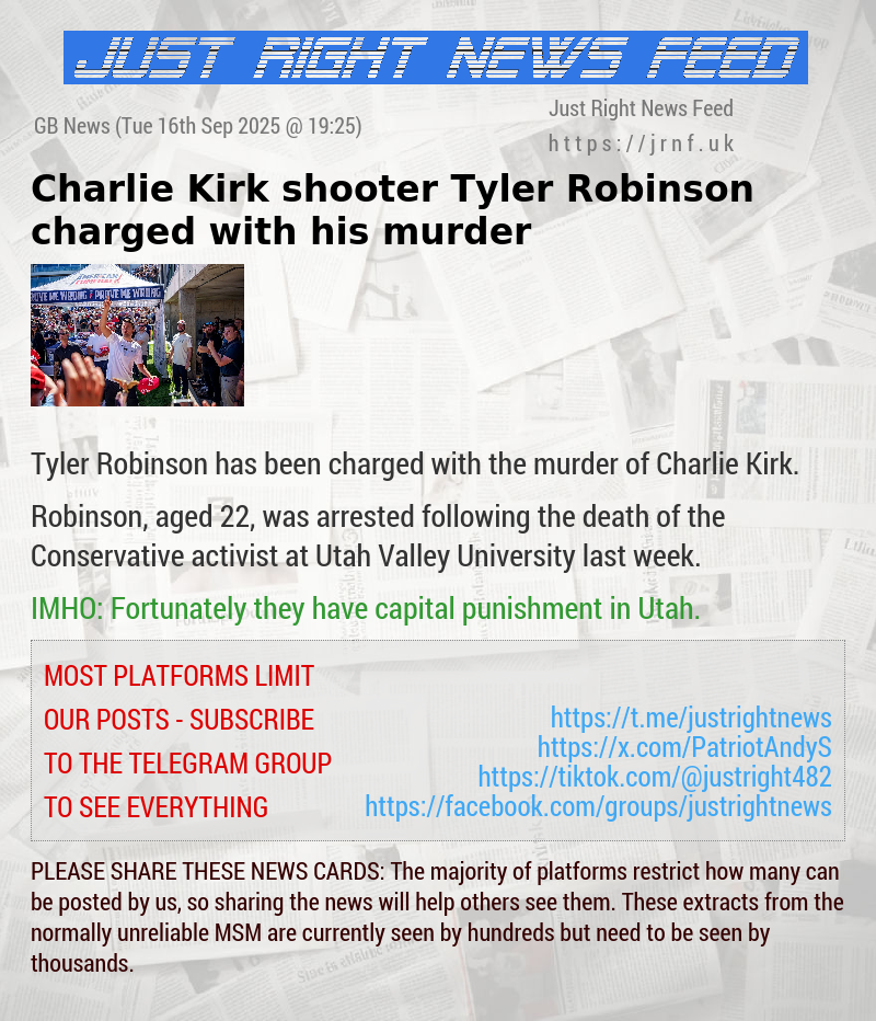 Charlie Kirk shooter Tyler Robinson charged with his murder