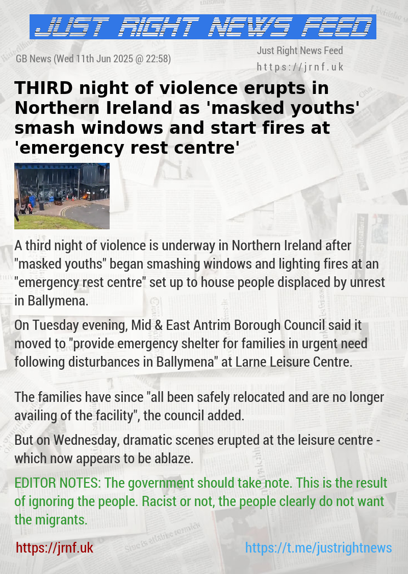 THIRD night of violence erupts in Northern Ireland as ’masked youths’ smash windows and start fires at ’emergency rest centre’