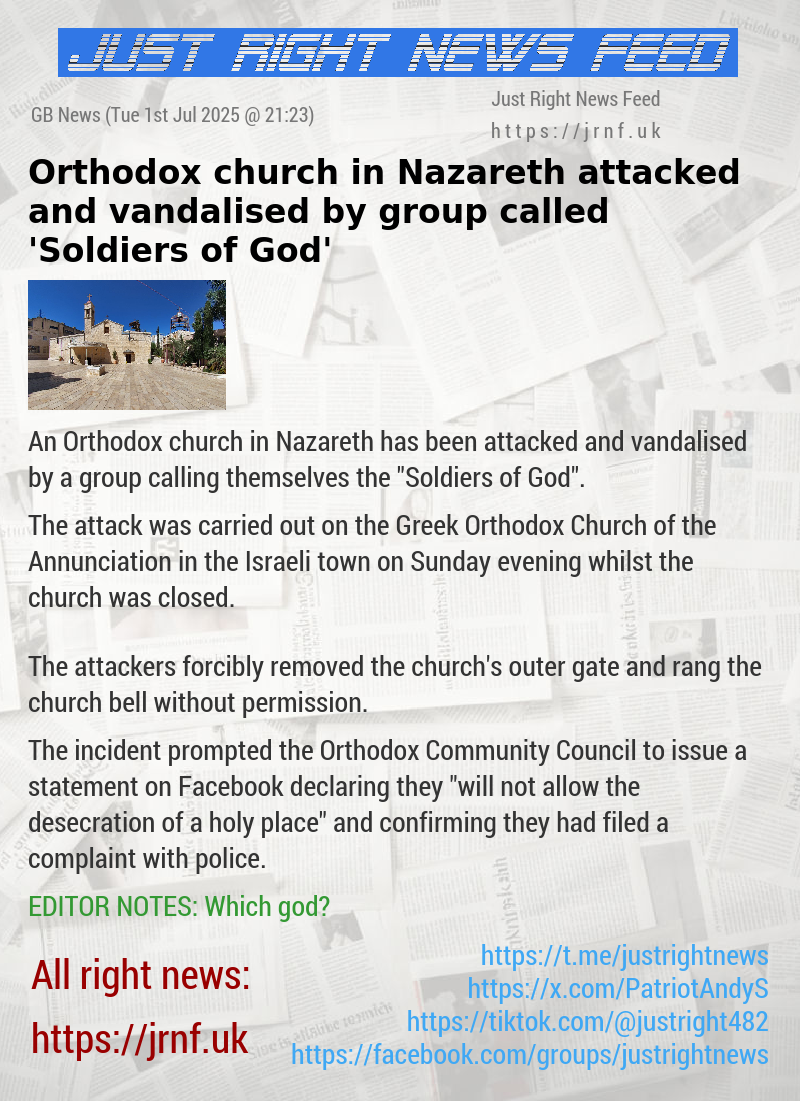 Orthodox church in Nazareth attacked and vandalised by group called ’Soldiers of God’