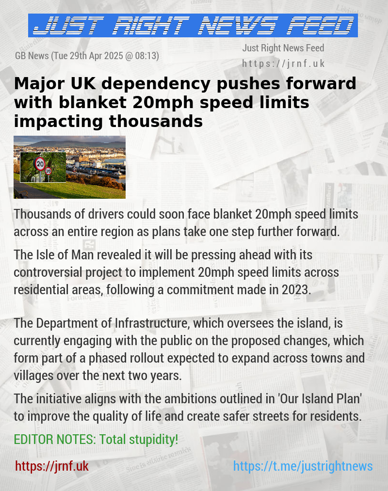 Major UK dependency pushes forward with blanket 20mph speed limits impacting thousands