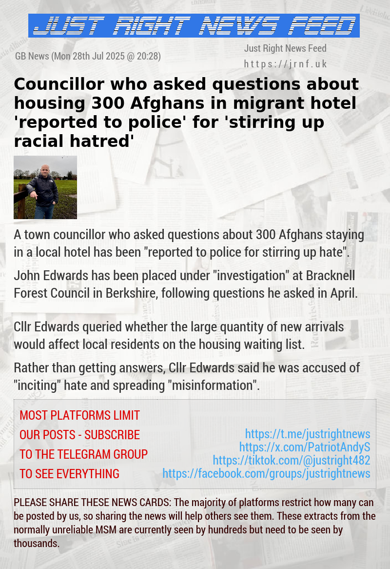 Councillor who asked questions about housing 300 Afghans in migrant hotel  ’reported to police’ for ’stirring up racial hatred’
