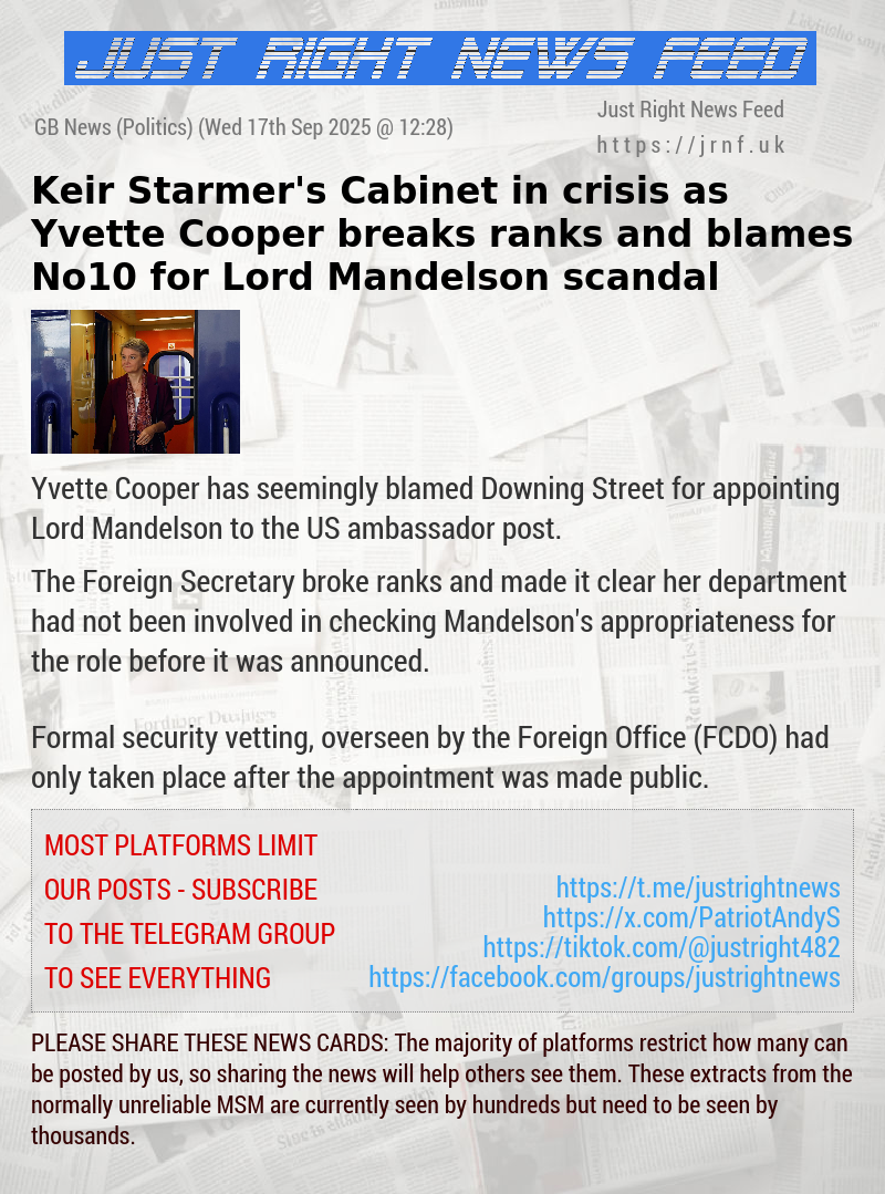 Keir Starmer’s Cabinet in crisis as Yvette Cooper breaks ranks and blames No10 for Lord Mandelson scandal