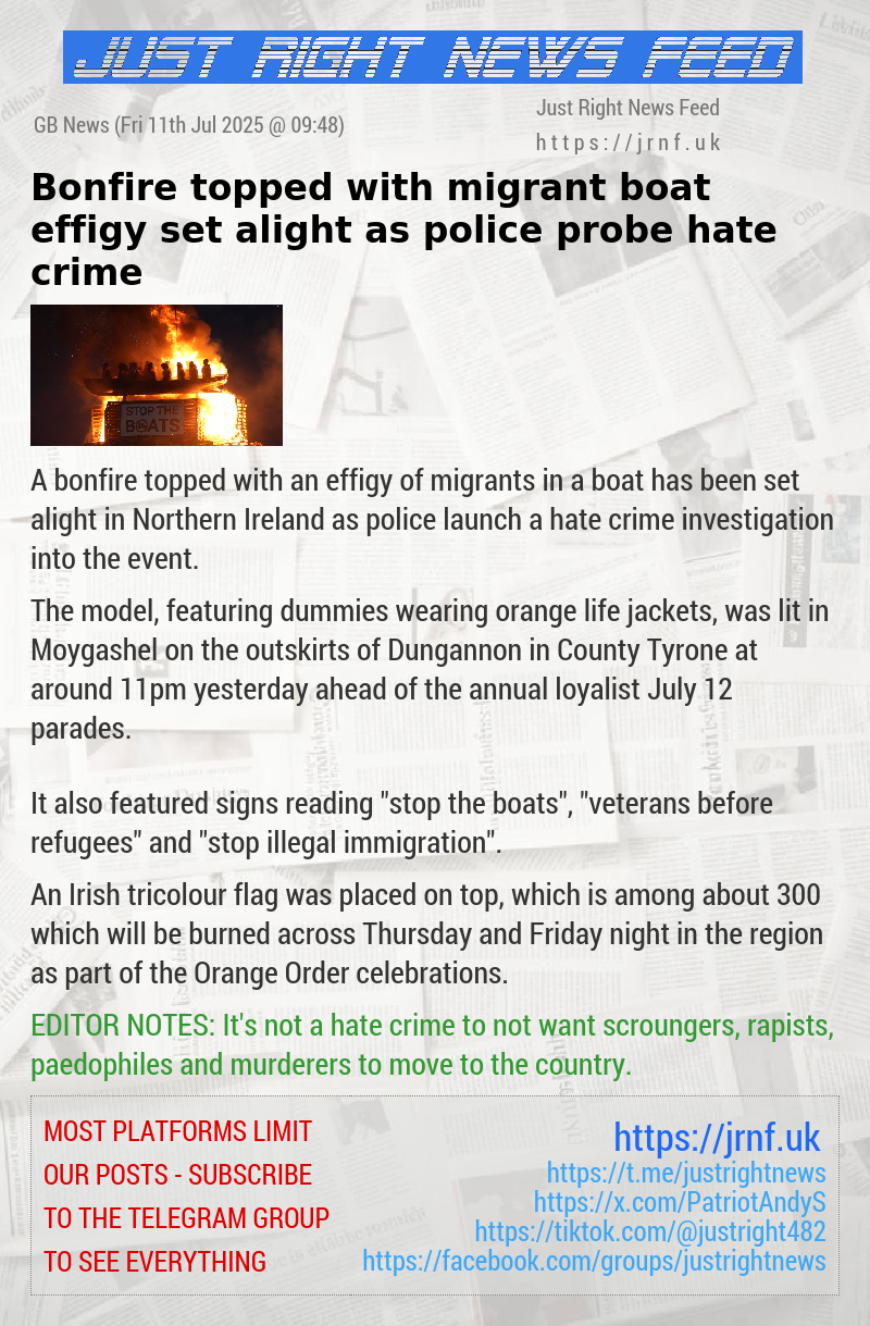 Bonfire topped with migrant boat effigy set alight as police probe hate crime