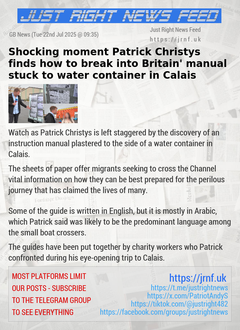 Shocking moment Patrick Christys finds ‘how to break into Britain’ manual stuck to water container in Calais