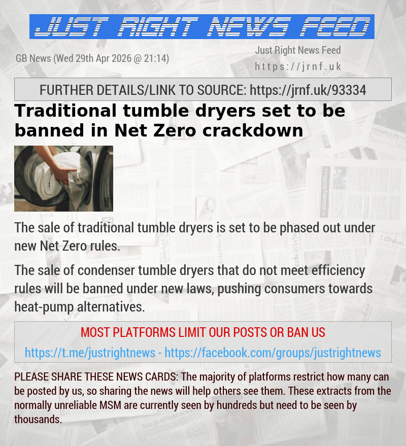 Traditional tumble dryers set to be banned in Net Zero crackdown