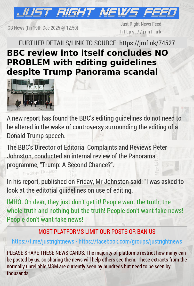 BBC review into itself concludes NO PROBLEM with editing guidelines despite Trump Panorama scandal