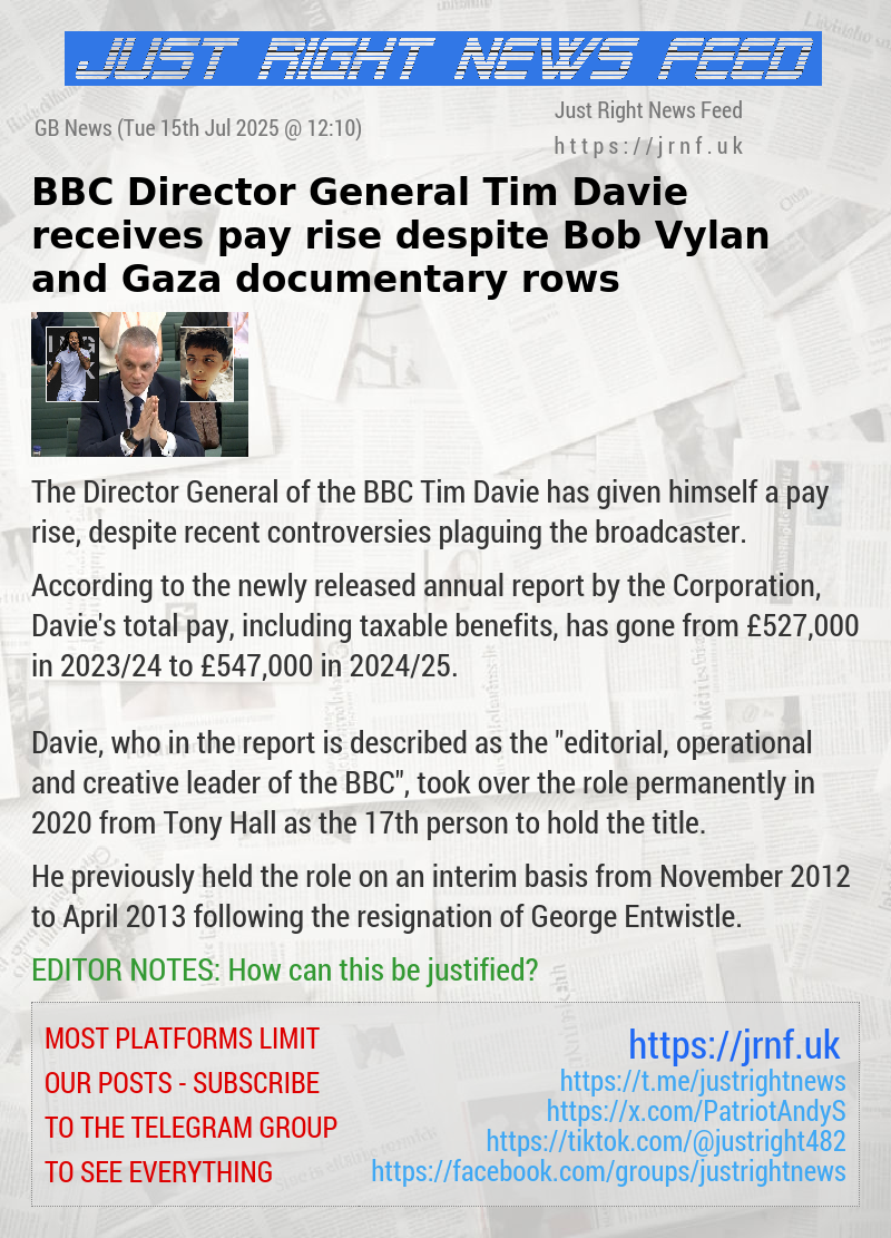 BBC Director General Tim Davie receives pay rise despite Bob Vylan and Gaza documentary rows