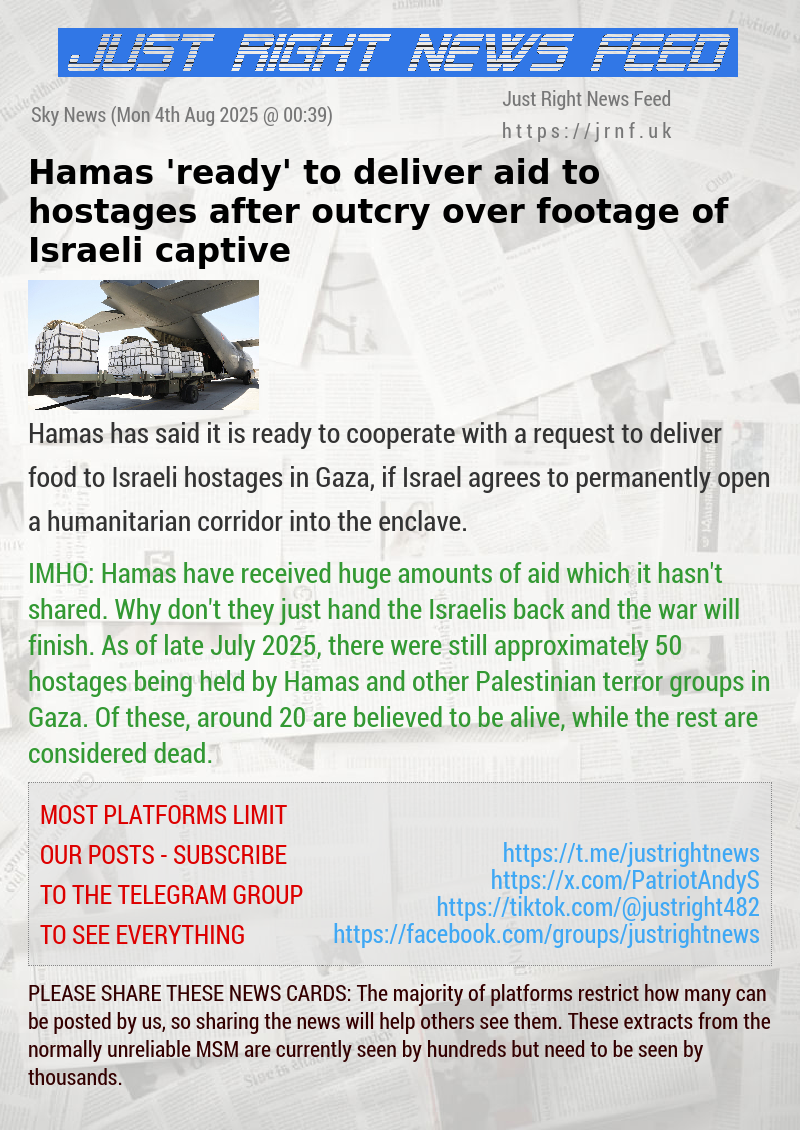 Hamas ’ready’ to deliver aid to hostages after outcry over footage of Israeli captive