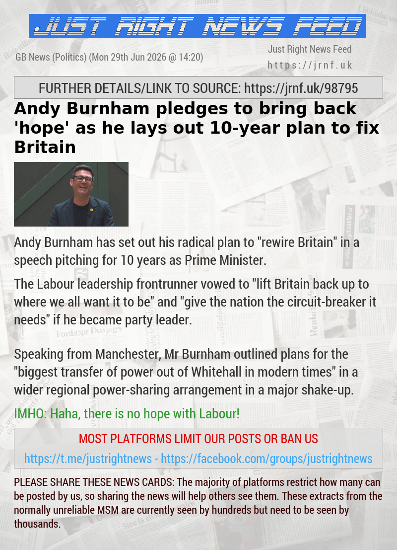 Andy Burnham pledges to bring back ’hope’ as he lays out 10—year plan to fix Britain
