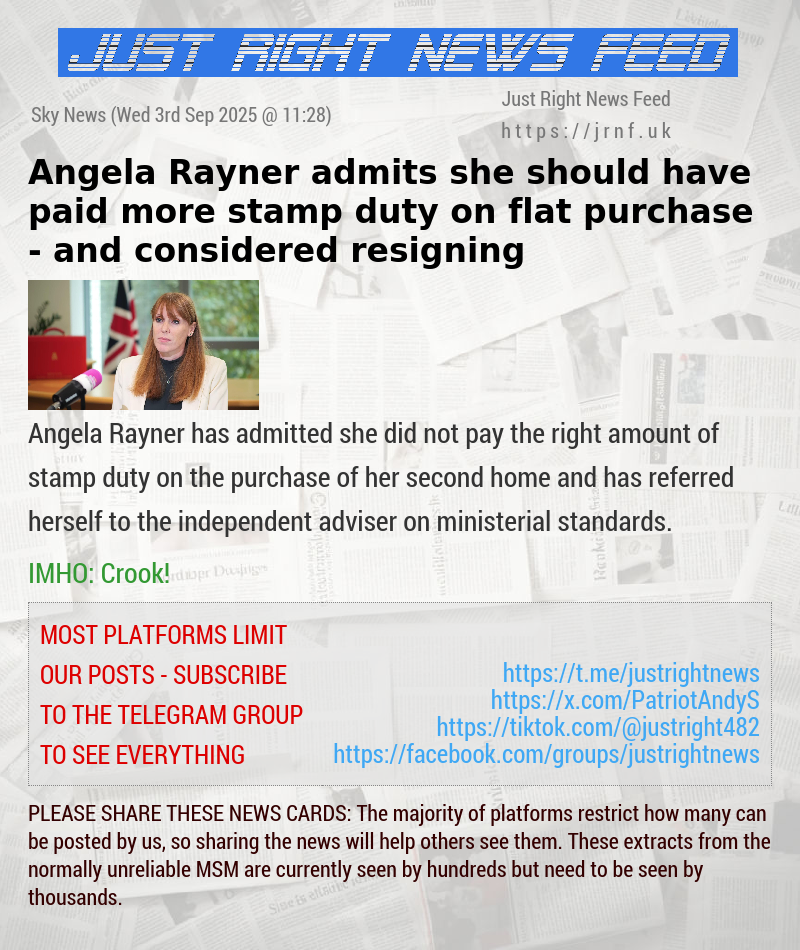 Angela Rayner admits she should have paid more stamp duty on flat purchase — and considered resigning
