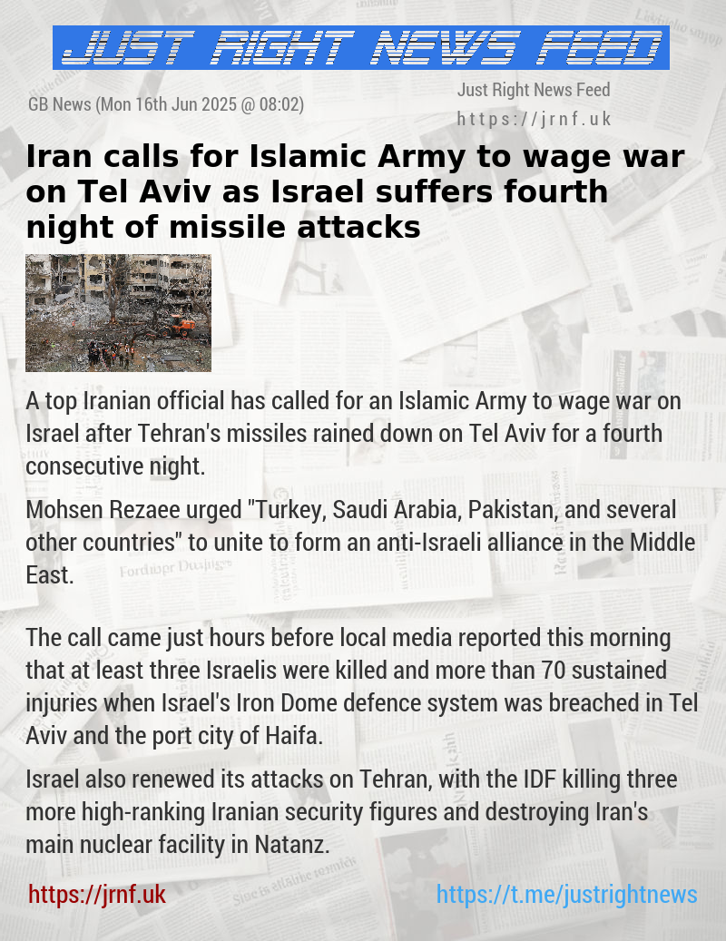 Iran calls for Islamic Army to wage war on Tel Aviv as Israel suffers fourth night of missile attacks