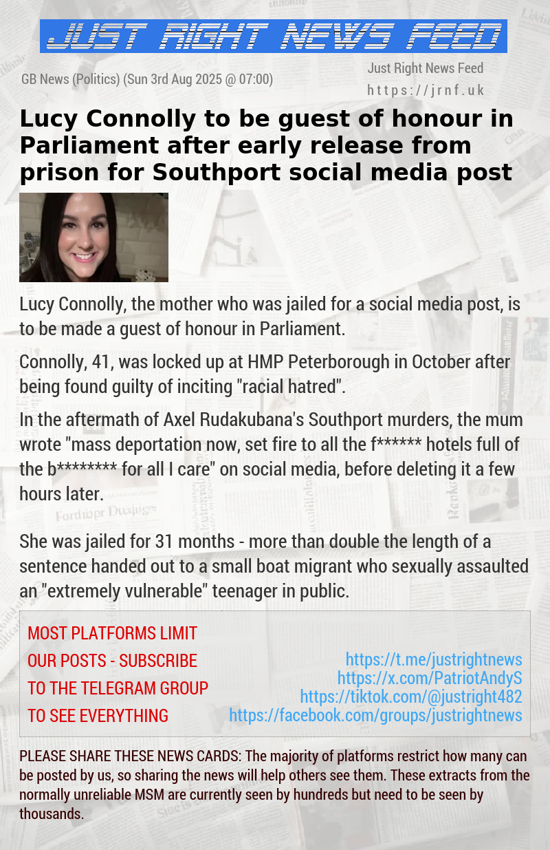 Lucy Connolly to be guest of honour in Parliament after early release from prison for Southport social media post