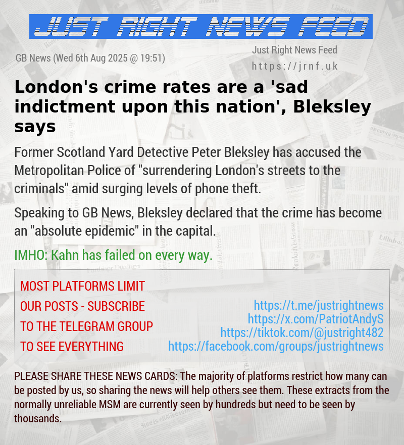 London’s crime rates are a ’sad indictment upon this nation’, Bleksley says