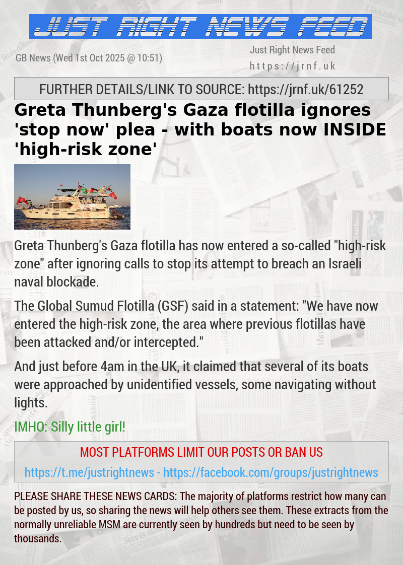 Greta Thunberg’s Gaza flotilla ignores ’stop now’ plea — with boats now INSIDE ’high—risk zone’