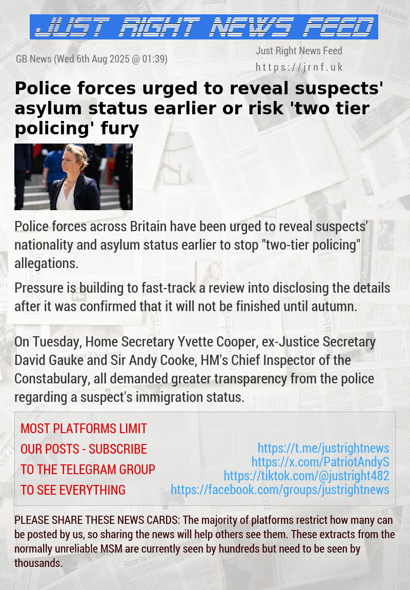 Police forces urged to reveal suspects’ asylum status earlier or risk ’two—tier policing’ fury