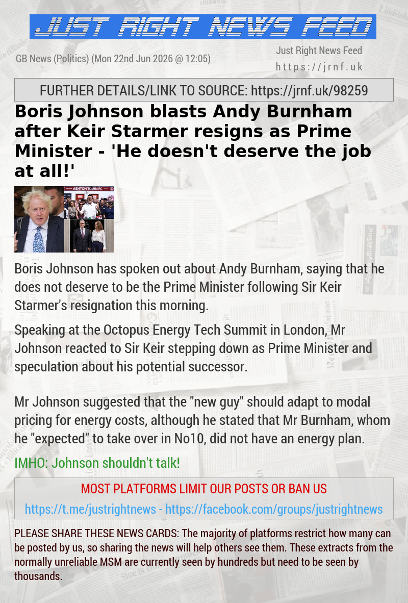 Boris Johnson blasts Andy Burnham after Keir Starmer resigns as Prime Minister — ’He doesn’t deserve the job at all!’