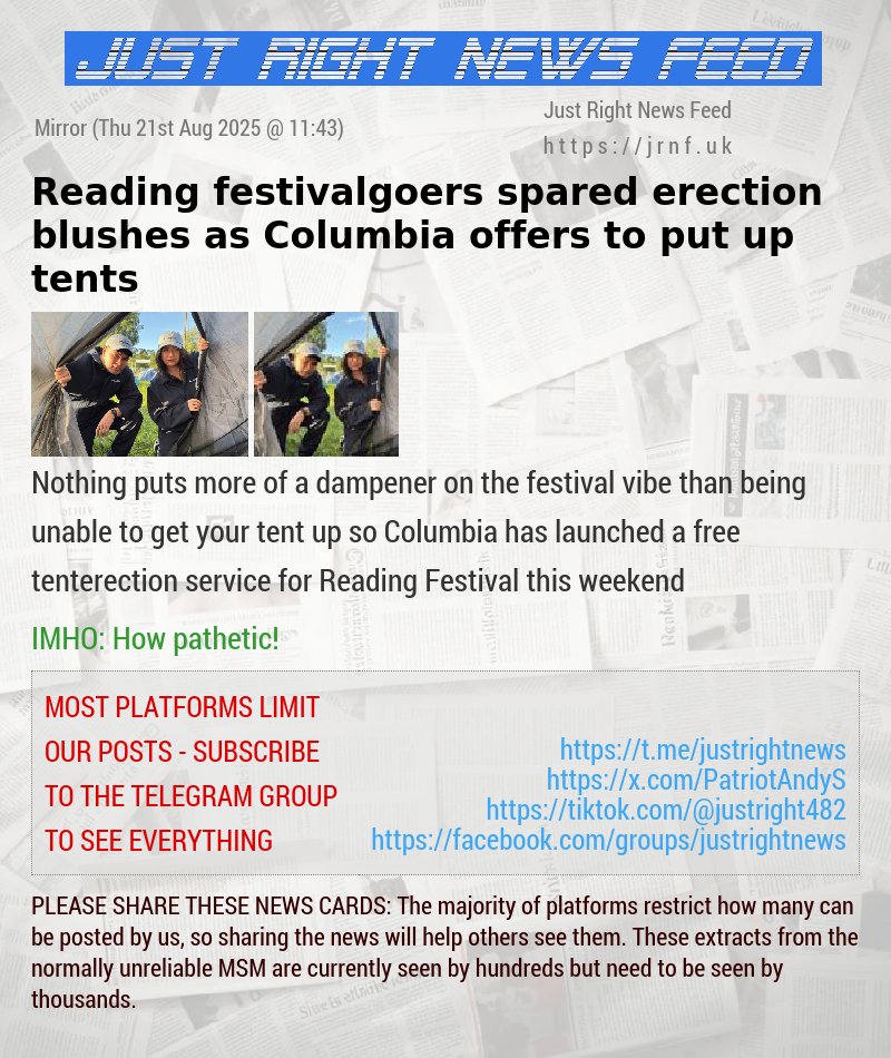 Reading festivalgoers spared erection blushes as Columbia offers to put up tents 