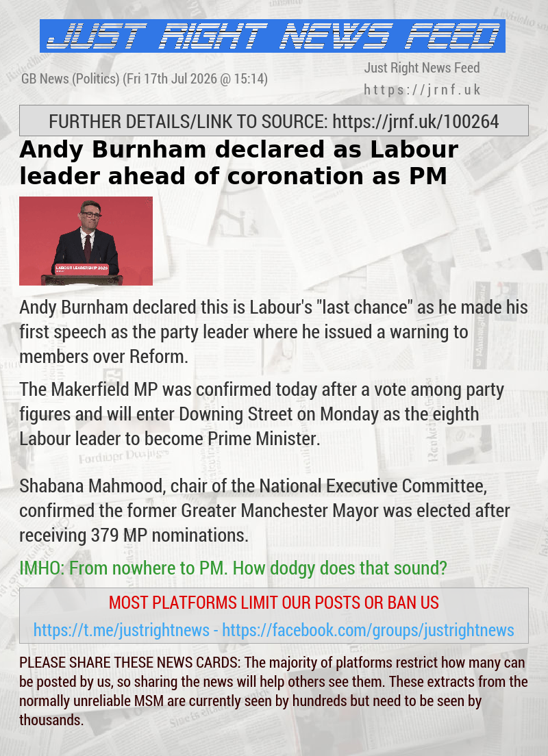 Andy Burnham declared as Labour leader ahead of coronation as PM