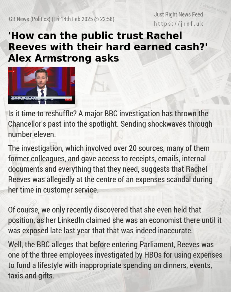 ’How can the public trust Rachel Reeves with their hard earned cash?’ Alex Armstrong asks