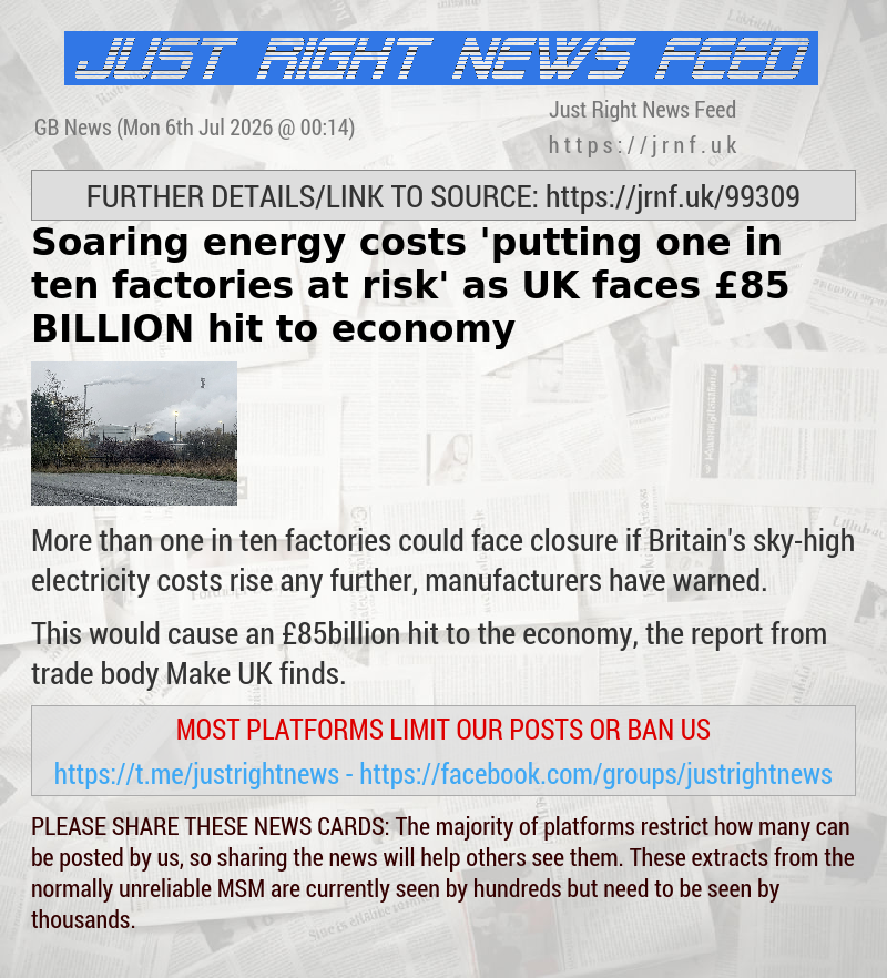 Soaring energy costs ’putting one in ten factories at risk’ as UK faces &pound;85 BILLION hit to economy