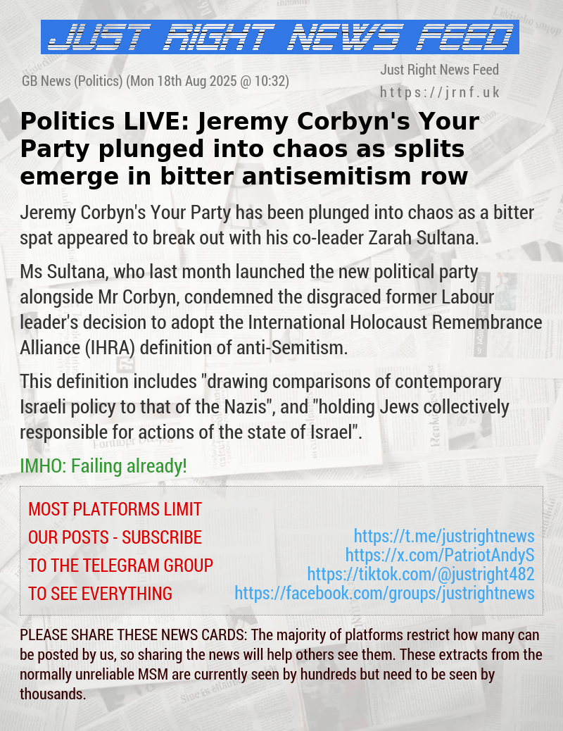 Politics LIVE: Jeremy Corbyn’s Your Party plunged into chaos as splits emerge in bitter antisemitism row