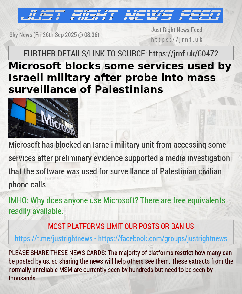 Microsoft blocks some services used by Israeli military after probe into mass surveillance of Palestinians