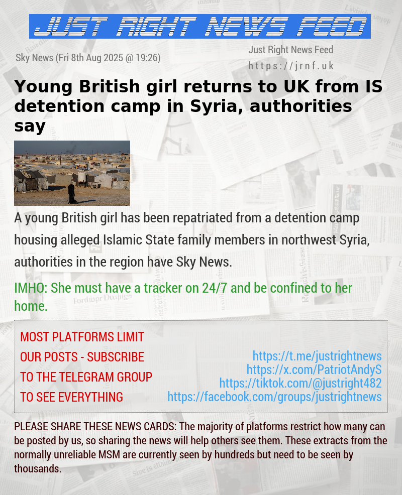 Young British girl returns to UK from IS detention camp in Syria, authorities say
