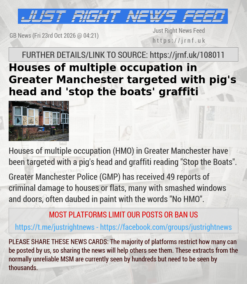 Houses of multiple occupation in Greater Manchester targeted with pig’s head and ’stop the boats’ graffiti