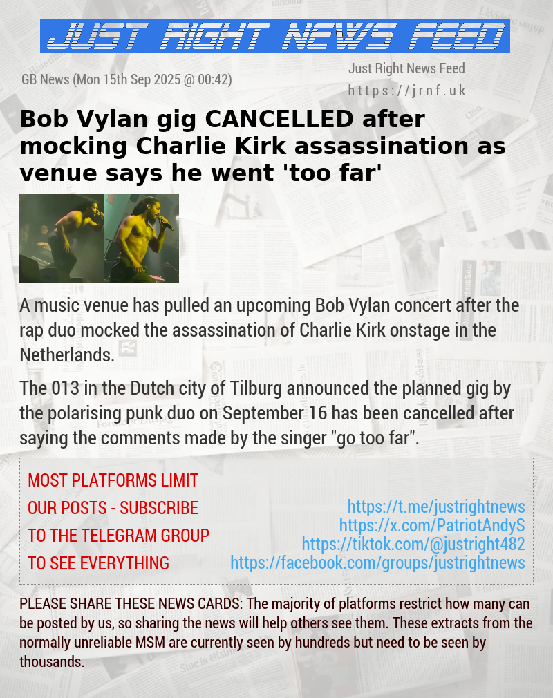 Bob Vylan gig CANCELLED
 after mocking Charlie Kirk assassination as venue says he went ’too far’
