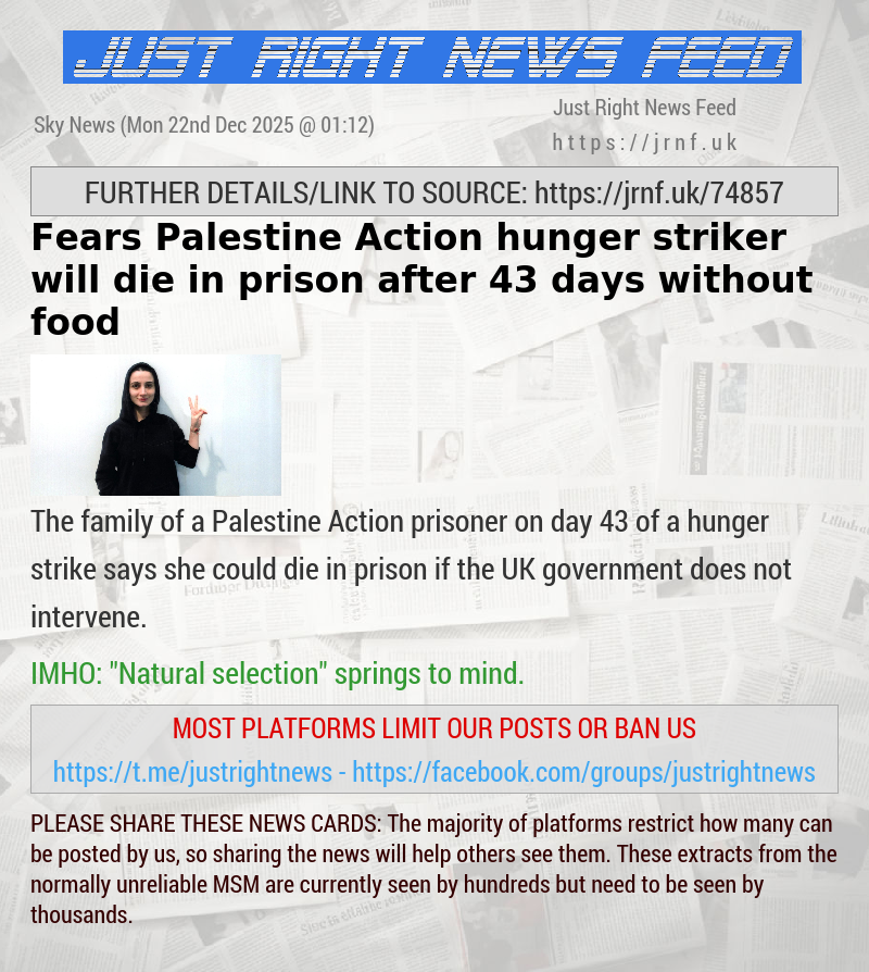 Fears Palestine Action hunger striker will die in prison after 43 days without food